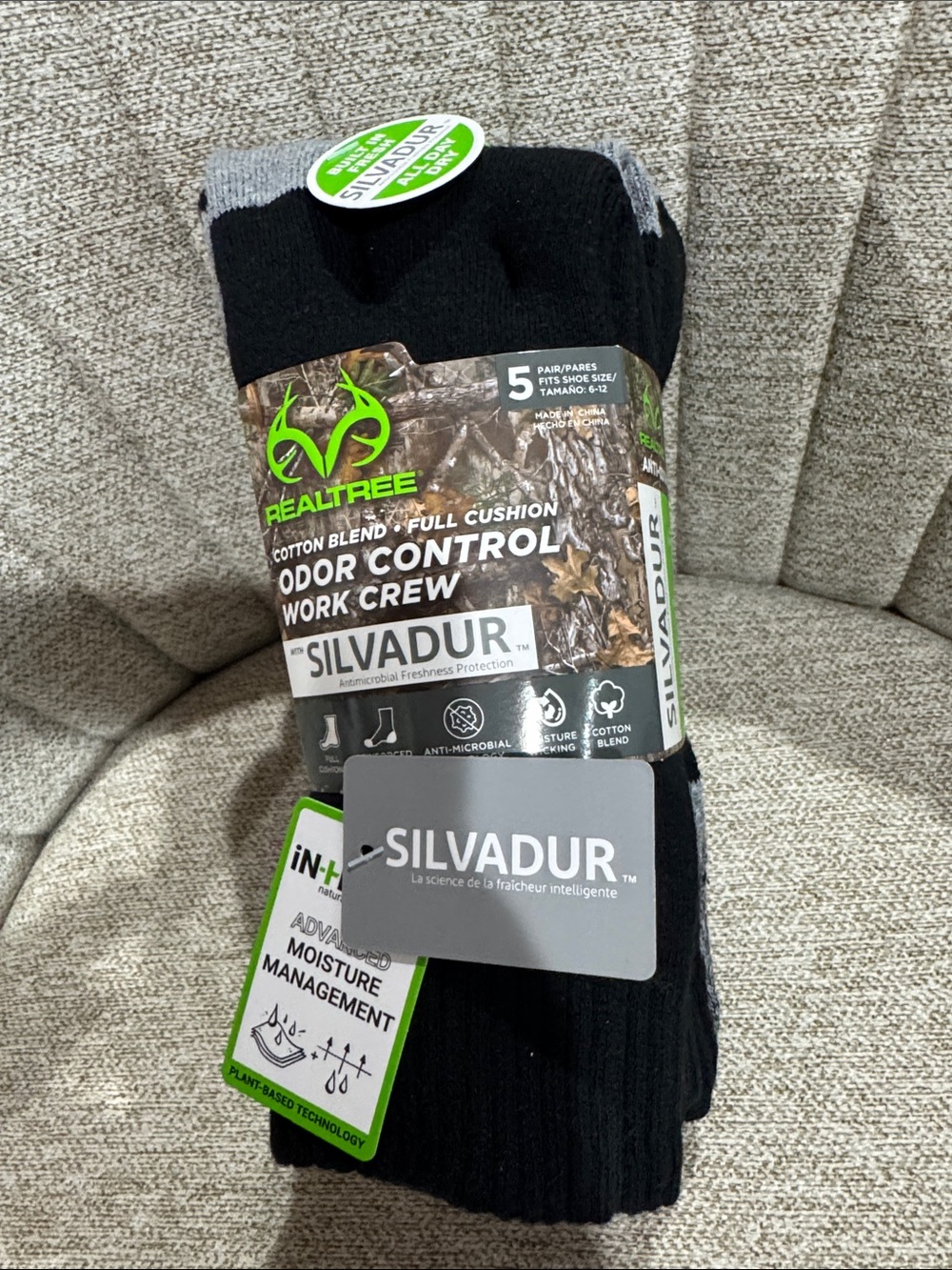 New Realtree Black Crew Work Socks with Silvadur - 5 Pack
